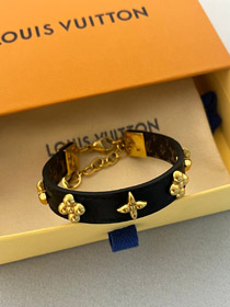 Louis Vuitton LV carta flor cuero negro cadena remache oro pulsera de cuero fino pulsera-3660  