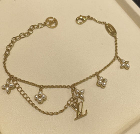 Louis Vuitton LV carta floral patrón perla oro pulsera-3724  