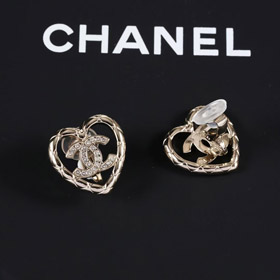 Chanel oro diamante corazón hueco doble c strass clip de oído-3754  