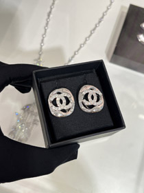Celine plata completa diamante doble C hueco pendientes cuadrados-3901  
