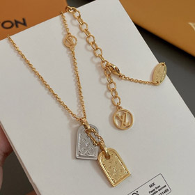 Louis Vuitton LV grabado carta flor oro y plata doble escudo collar-3662