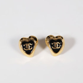 Chanel esmalte negro amor doble C oro borde pendientes-3739